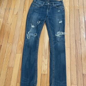 Silver Jeans Women's Straight Leg Distressed Dark Blue Denim